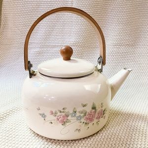 Pfaltzgraff Tea Rose Metal Tea Kettle, Wood Handle, Floral